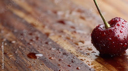 A single cherry glistens with water droplets on a wooden surface, captured in striking detail.