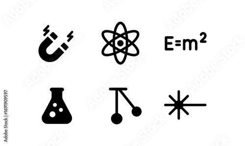 Science icon set featuring physics and chemistry symbols in simple black silhouette style
