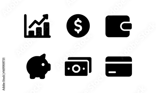 Minimalist financial icon set: growth, money, wallet, piggy bank, cash, card symbols
