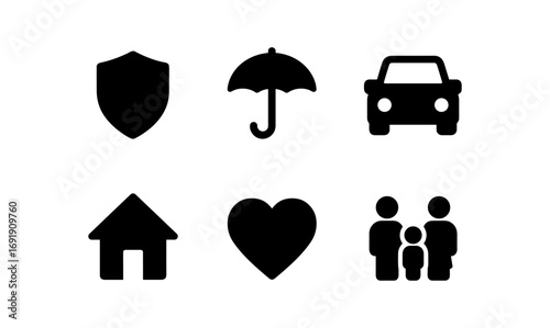 Essential insurance symbols: shield, umbrella, car, house, heart, family silhouettes