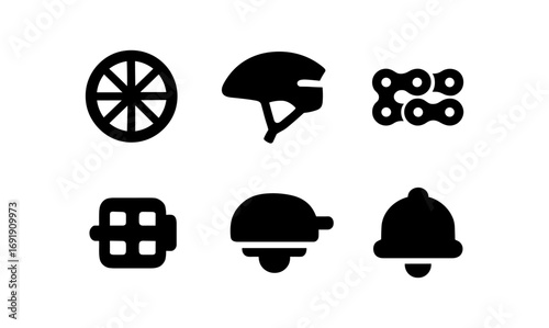 Bicycle icon set featuring wheel, helmet, chain, pedal, saddle, bell - minimalistic silhouettes