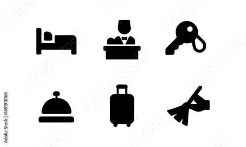 Hospitality icon set featuring bed, reception, key, bell, luggage, and cleaning tools