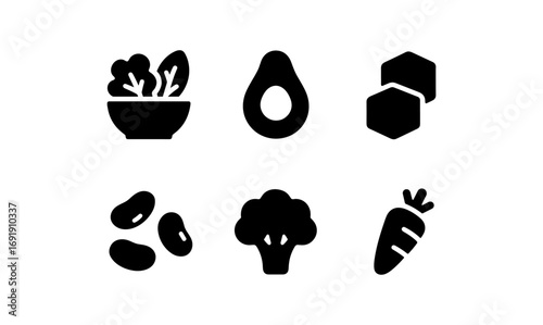 Minimalist black vegetable icons featuring avocado and broccoli in silhouette style