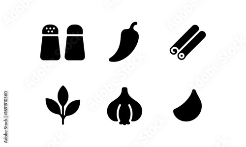 Minimalist spice icons: salt, pepper, chili, cinnamon, basil, garlic, nutmeg