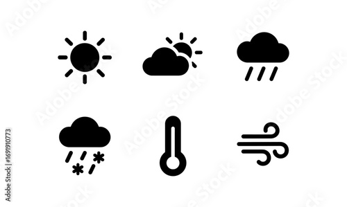 Minimalist weather icons: sun, clouds, rain, snow, temperature, wind