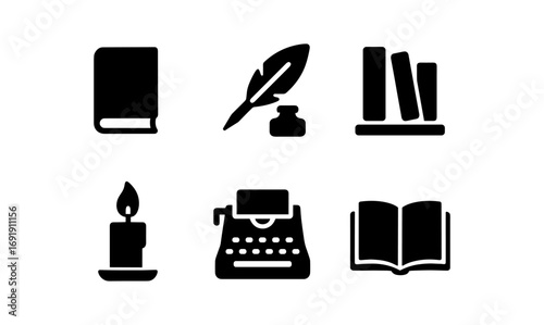 Classic literary icons: books, feather pen, candle, and typewriter silhouettes