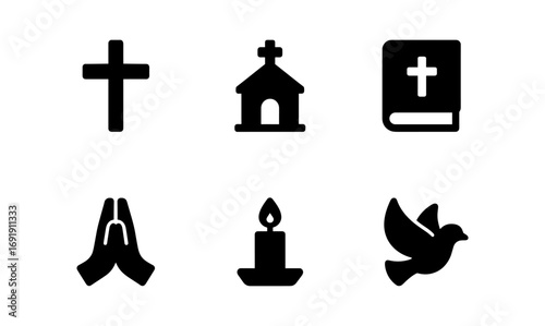 Minimalist religious symbols set featuring cross church and candle icons