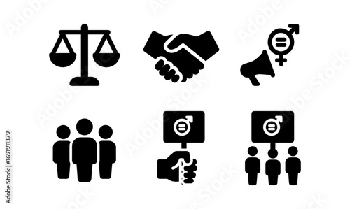 Silhouette icons: gender equality, teamwork, social advocacy symbols
