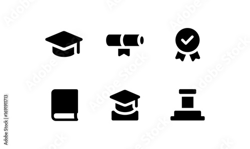 Education icons set: graduation cap, diploma, and academic symbols in black silhouette