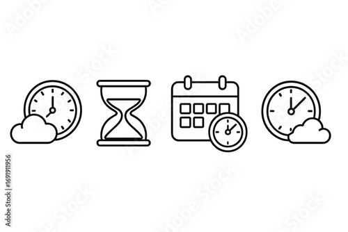 Linear time management icons. Clock, hourglass, calendar symbols. Vector for online scheduling, cloud-based planning, deadlines. Business productivity and organization concept set.