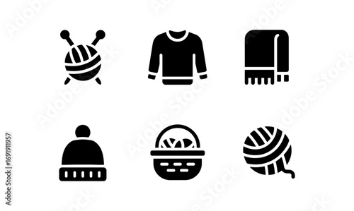 Minimalist icons of knitting and wool crafts for creative projects