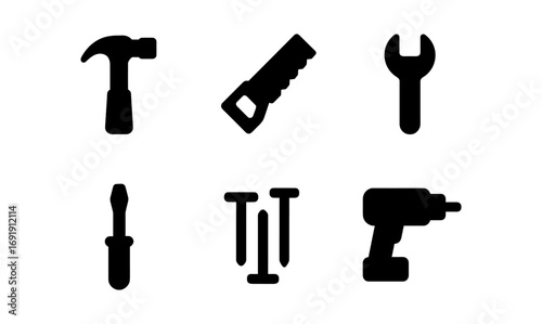 Silhouette icons of essential hand tools for construction and repair