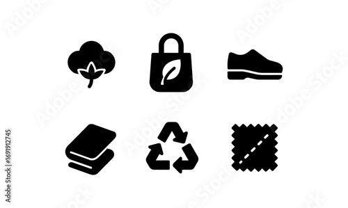 Sustainable icon set featuring eco-friendly symbols in simple silhouette design