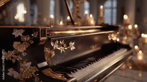 Elegant Black Piano Decorated with Gold Flowers and Candles in Warm Romantic Atmosphere