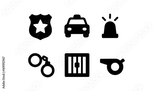 Police and security icon set: badge, car, handcuffs, and more in minimalist style