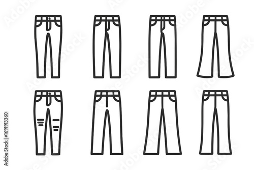 Jeans vector icon set. Minimalist black and white line art of various denim pants styles. Collection of skinny, straight, bootcut, flared, and ripped trousers for design.