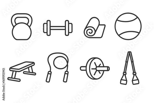 Fitness equipment icon set. Minimalist line art vector icons for gym, workout, and yoga. Includes kettlebell, dumbbell, jump rope, ab roller, and suspension trainer.
