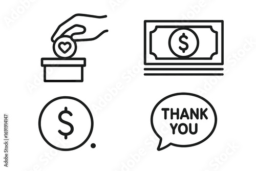 Charity and donation icon set with finance symbols. Hand giving heart coin to a box. Money, currency, and a thank you message. Vector line art for fundraising and support.