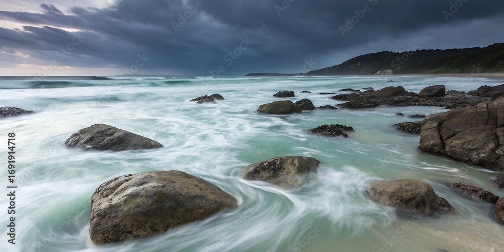 Fototapeta premium Stormy weather approaching a serene coastline with smooth water flowing over rocks, showcasing the beauty of natures raw power and tranquility.