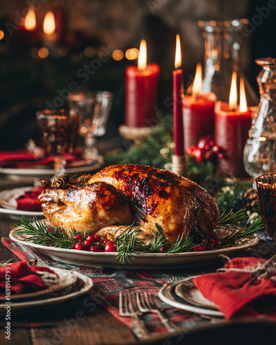 festive holiday table with roasted turkey, candles, and red napkins, Christmas dinner setup