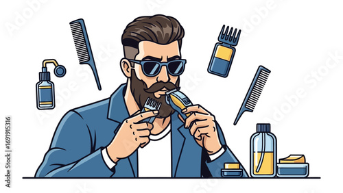 Stylish man with beard grooming with comb and trimmer surrounded by barber shop tools and products for hair and facial hair care