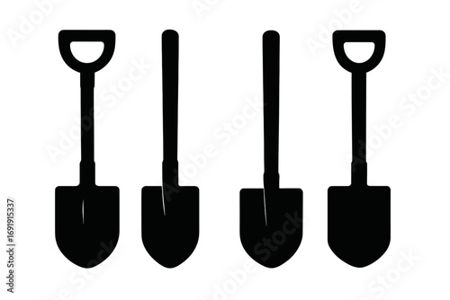 Shovel silhouette icon set for gardening and construction. Minimalist vector graphic of spade and digger tools. Symbol for digging, work, excavation, and agriculture. Farm equipment.