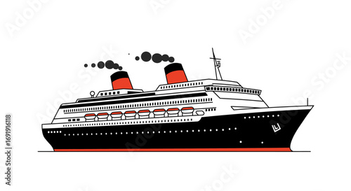 A black and white illustration of a cruise ship with red accents