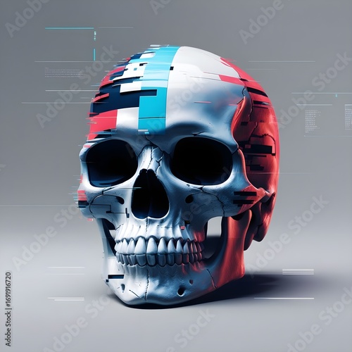 Distorted glitch skull with fragmented sections, digital noise, color banding, and glitch art distortion on a neutral background for futuristic bold modern visual style