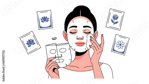 Young woman applying a white sheet mask to her face with eyes closed surrounded by several opened sheet mask packets with floral designs