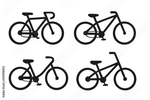Set of minimalist bicycle silhouettes for fitness and sports themes, vector cartoon illustration with transparent background, including road, mountain, cruiser, and chopper bike shapes