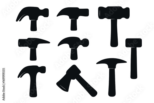 Set of hammer silhouettes in various styles and shapes, vector cartoon illustration with transparent background, assorted hammer types, construction tools, work equipment