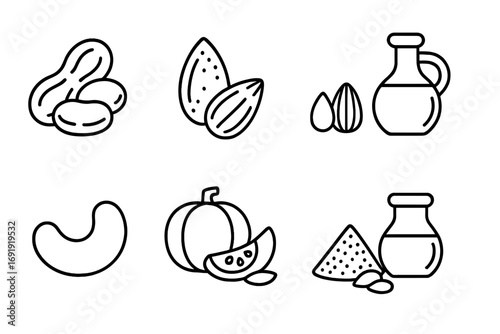 Set of linear healthy food icons featuring nuts, seeds, oils, pumpkin, cashew, almond, peanut illustrations, natural superfoods, healthy nutrition, vector line art set