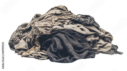 Disorganized Pile of Messy, Worn and Dirty Clothes on a Transparent Background