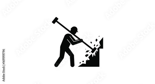 a person breaking wall with hammer forceful action