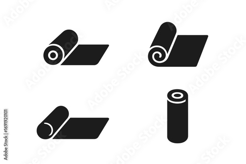 Set of minimalist black yoga mat icons, rolled and unrolled mat vector illustrations, fitness equipment, exercise mat graphic, wellness and yoga accessory symbols