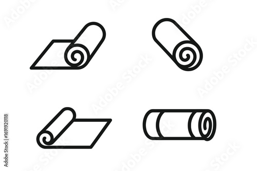 Set of minimalist yoga mat icons in black line art, rolled and unrolled mat illustrations, fitness equipment symbols, transparent background vector collection for health and wellness