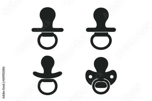 Silhouette Baby Pacifier Set, Minimalist Vector Icons, Nursery Decor Elements, Infant Soother, Cartoon Style, Transparent Background, Collection of Four Designs, Baby Accessory Graphics