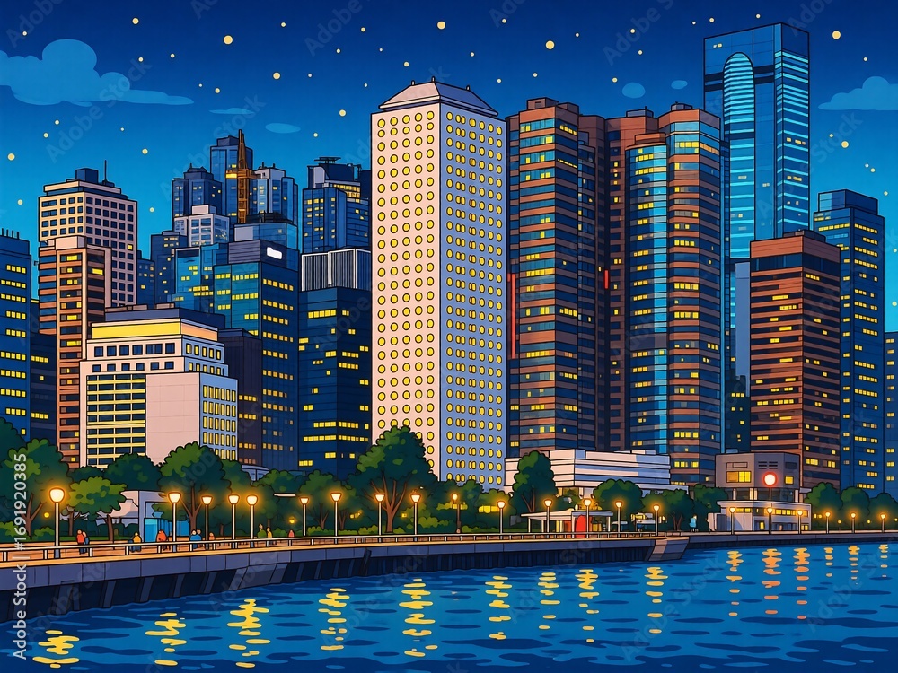 Fototapeta premium Hong Kong's vibrant urban landscape at night. Illuminated skyscrapers line the waterfront, reflecting on calm waters under a starry sky.