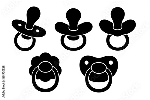 Silhouette baby pacifiers set with various designs, styles, and shapes, vector cartoon illustration, black icons collection, newborn and infant soothing accessories