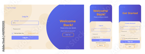 Register and login page layout. Clean sign up and sign in templates with ux elements. User authentication forms for website and mobile.