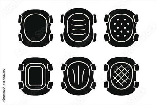 Set of six protective knee pads icons in silhouette style, vector cartoon illustration with transparent background, different pad designs, safety gear, sports protection