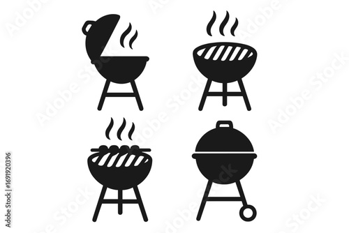 Silhouette barbecue grill icons set for outdoor cooking designs, vector cartoon illustration with steam, grill marks, hot sausages and lid variations, transparent background