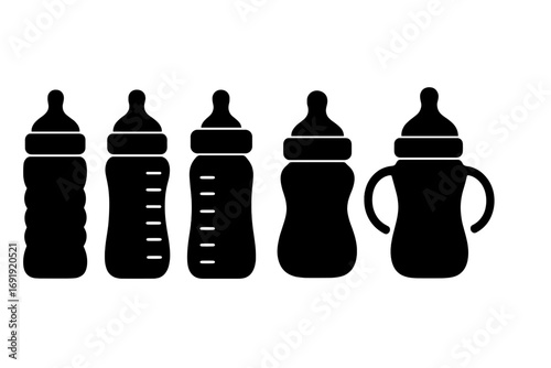 Silhouette collection of baby bottles in various shapes and designs, vector cartoon illustration with transparent background, set of infant feeding bottles for newborns and toddlers