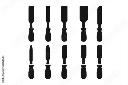 Silhouette set of woodworking chisels icons, carpentry tools collection, vector cartoon illustration, black silhouettes with handles, woodworking and craft equipment design
