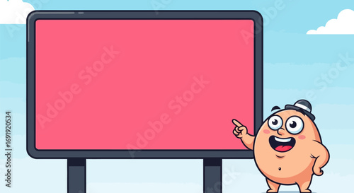 Cartoon Character Pointing at Blank Pink Billboard Sign