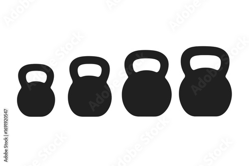 Silhouette collection of kettlebells in minimalist black vector design on white background, fitness equipment set, gym weights, strength training icons, ordered scale illustration