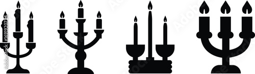 Candle with Stand Icon Set Black Flat Style Lighting Symbol Collection Group of Candlestick, Menorah, Lamp, Flame, Waxlight, Torch, Lantern, Illumination Vector