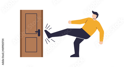 a man kicking a door with force and determination
