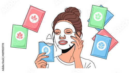 Young woman with a sheet mask on her face surrounded by various colorful skincare product packaging and sachets