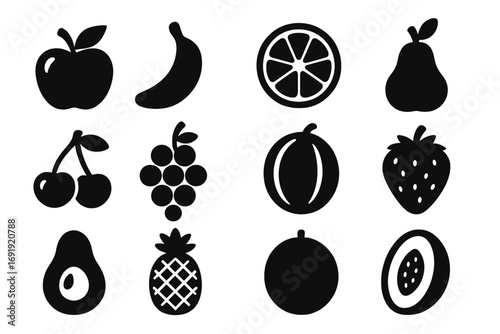 Silhouette Fruit Icon Set Including Apple, Banana, Citrus Slice, Pear, Cherry, Grapes, Melon, Strawberry, Avocado, Pineapple, Orange, Papaya in Bold Black Vector Cartoon Style for Design
